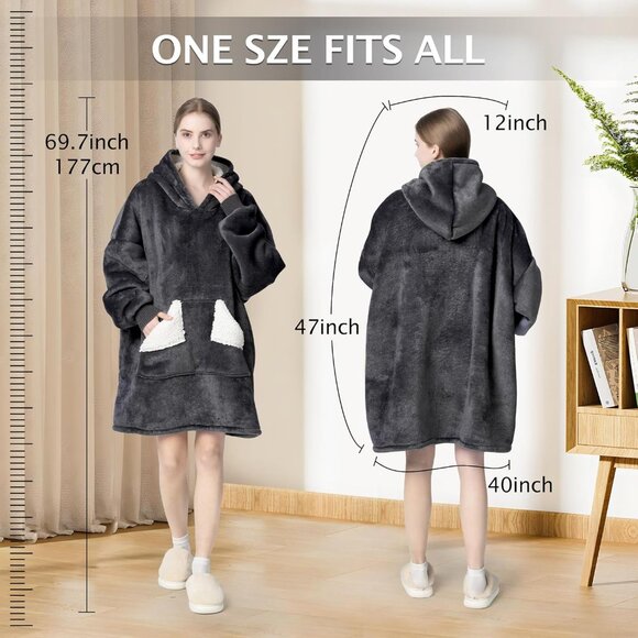 🆕Women A Grey Wearable Oversized Sherpa Fleece Sweatshirt Blanket Giant Hoodie - Picture 8 of 10